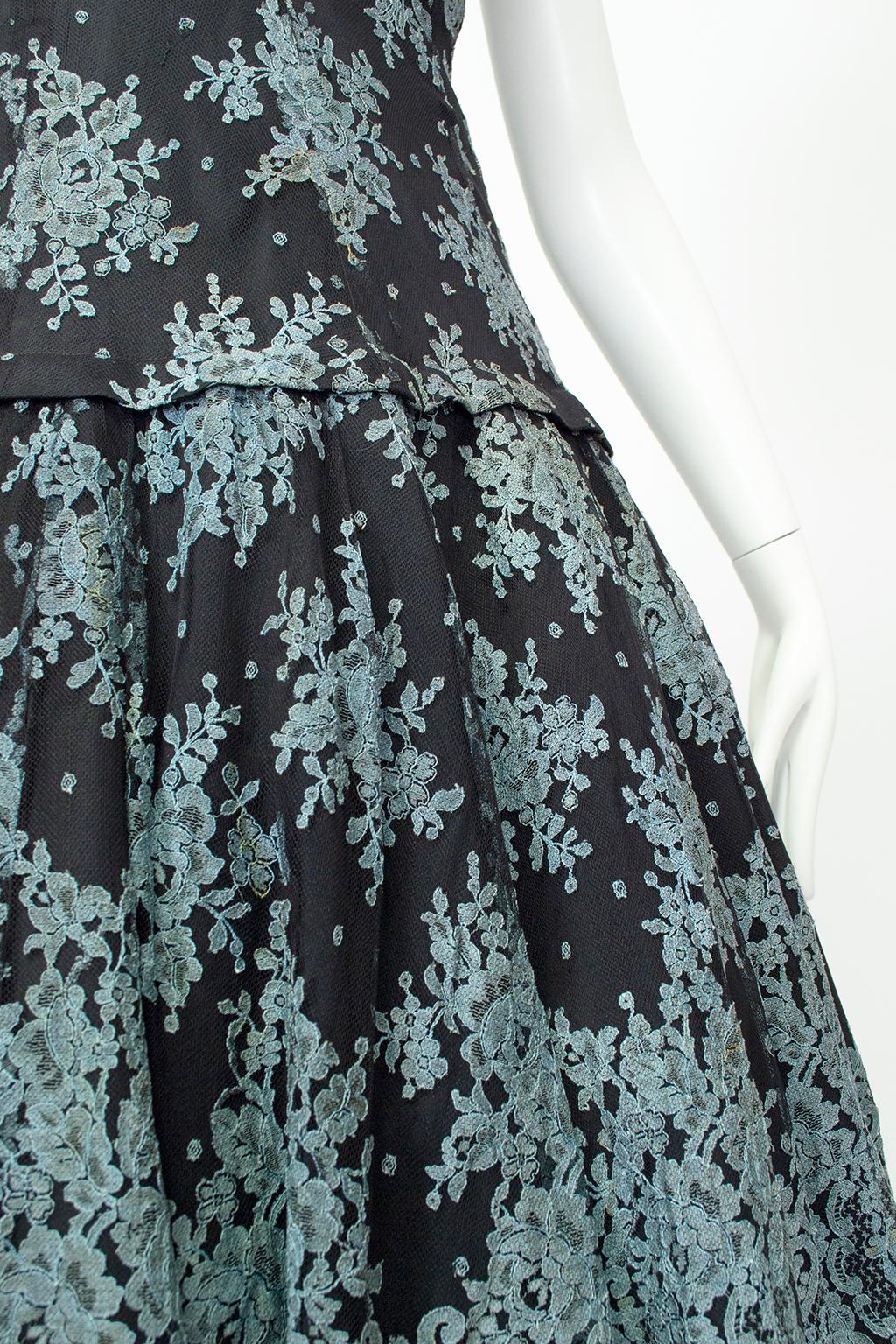 Bespoke Spanish Blue and Black Lace Mantilla Drop Waist Party Dress – XS, 1950s For Sale 5
