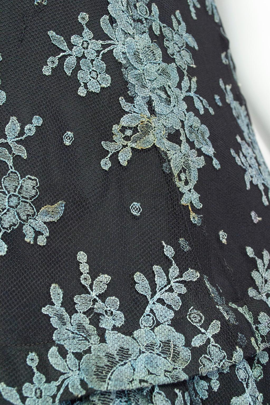 Bespoke Spanish Blue and Black Lace Mantilla Drop Waist Party Dress – XS, 1950s For Sale 6