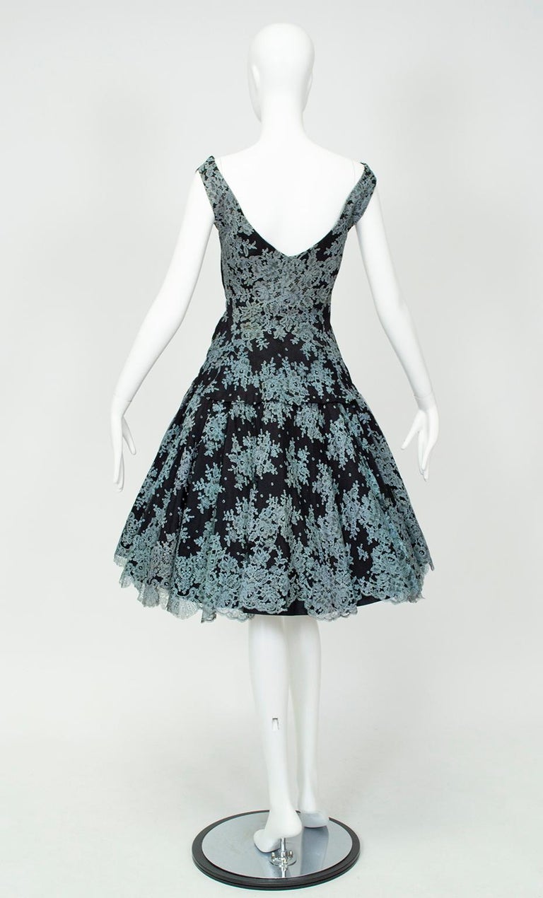 Bespoke Spanish Blue And Black Lace Mantilla Drop Waist Party Dress  Xs, 1950s