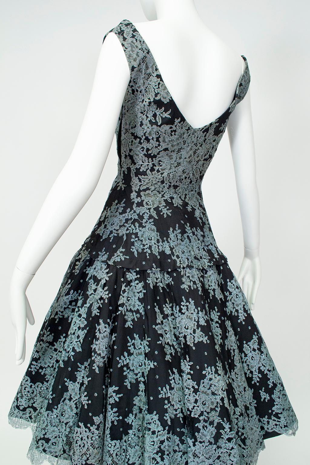 Gray Bespoke Spanish Blue and Black Lace Mantilla Drop Waist Party Dress – XS, 1950s For Sale