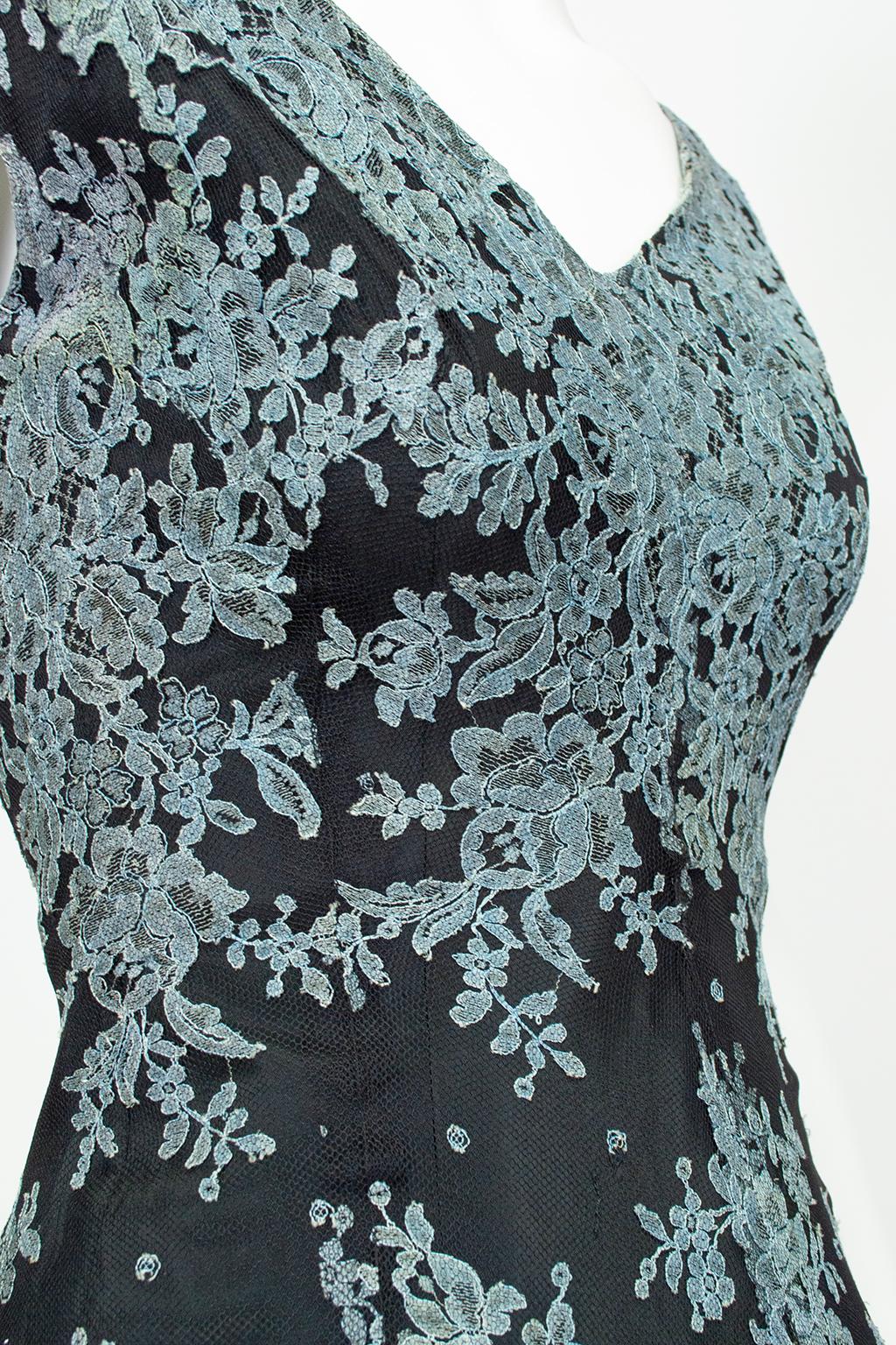 Bespoke Spanish Blue and Black Lace Mantilla Drop Waist Party Dress – XS, 1950s For Sale 1