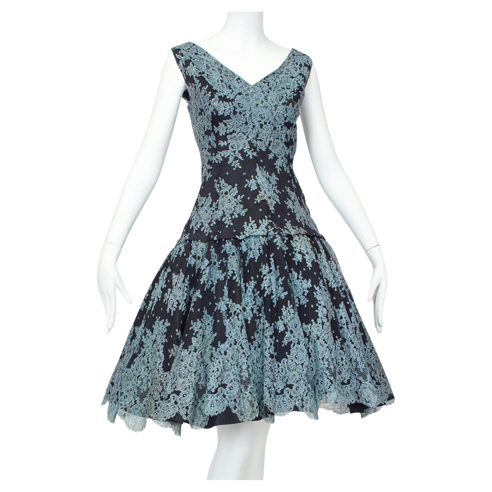 Bespoke Spanish Blue and Black Lace Mantilla Drop Waist Party Dress – XS, 1950s For Sale