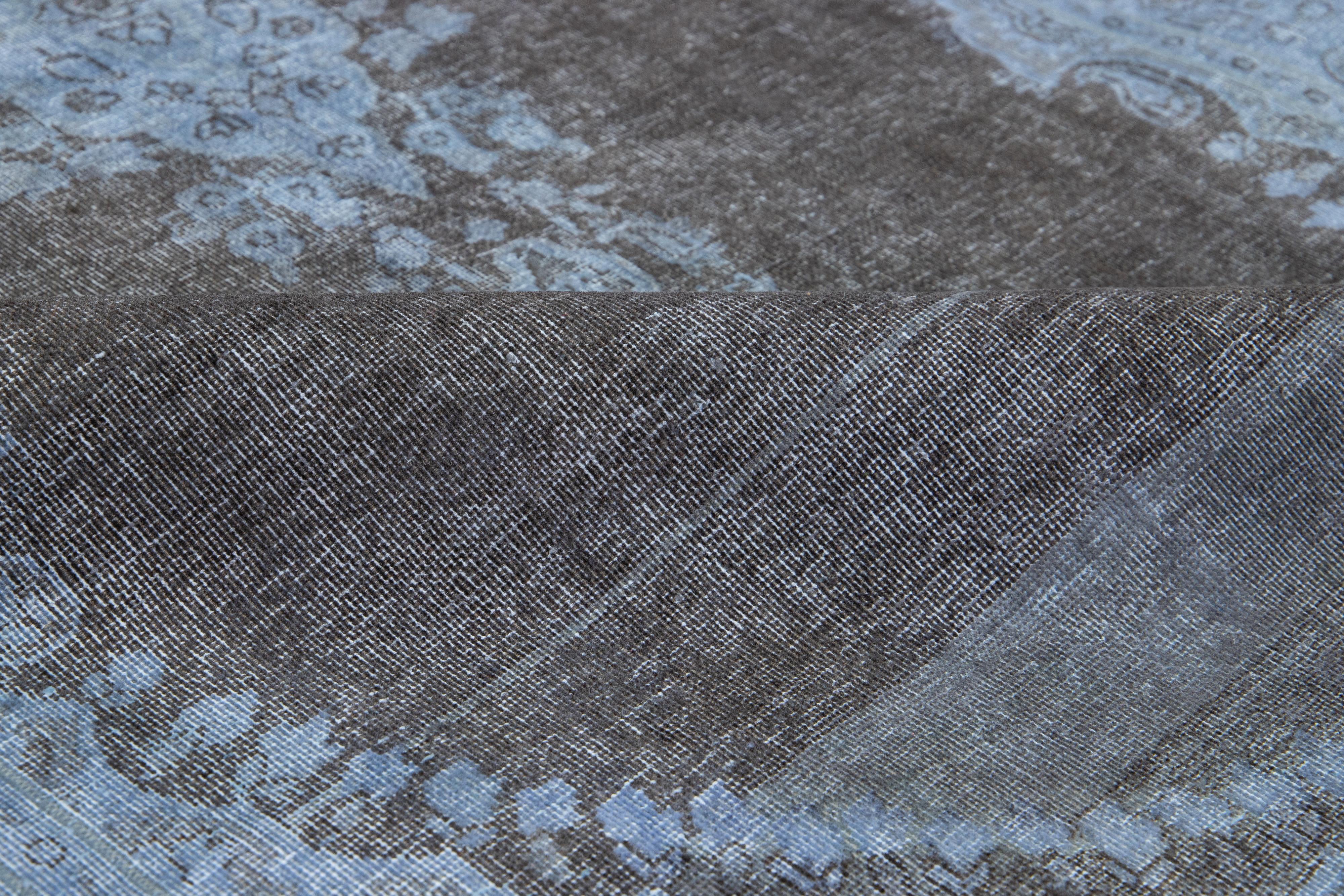 Hand-Knotted Handmade Blue and Gray Persian Overdyed Wool Rug With Rosette Motif 4 x 7 For Sale
