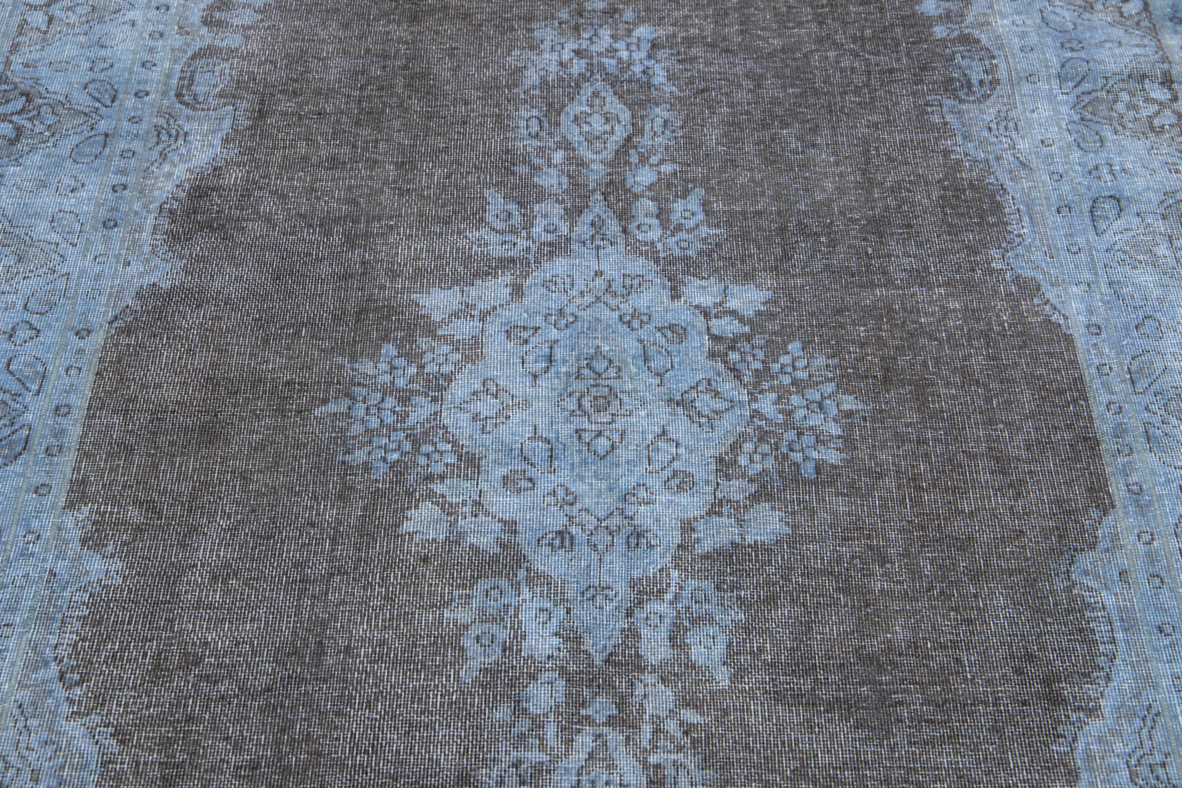 20th Century Handmade Blue and Gray Persian Overdyed Wool Rug With Rosette Motif 4 x 7 For Sale