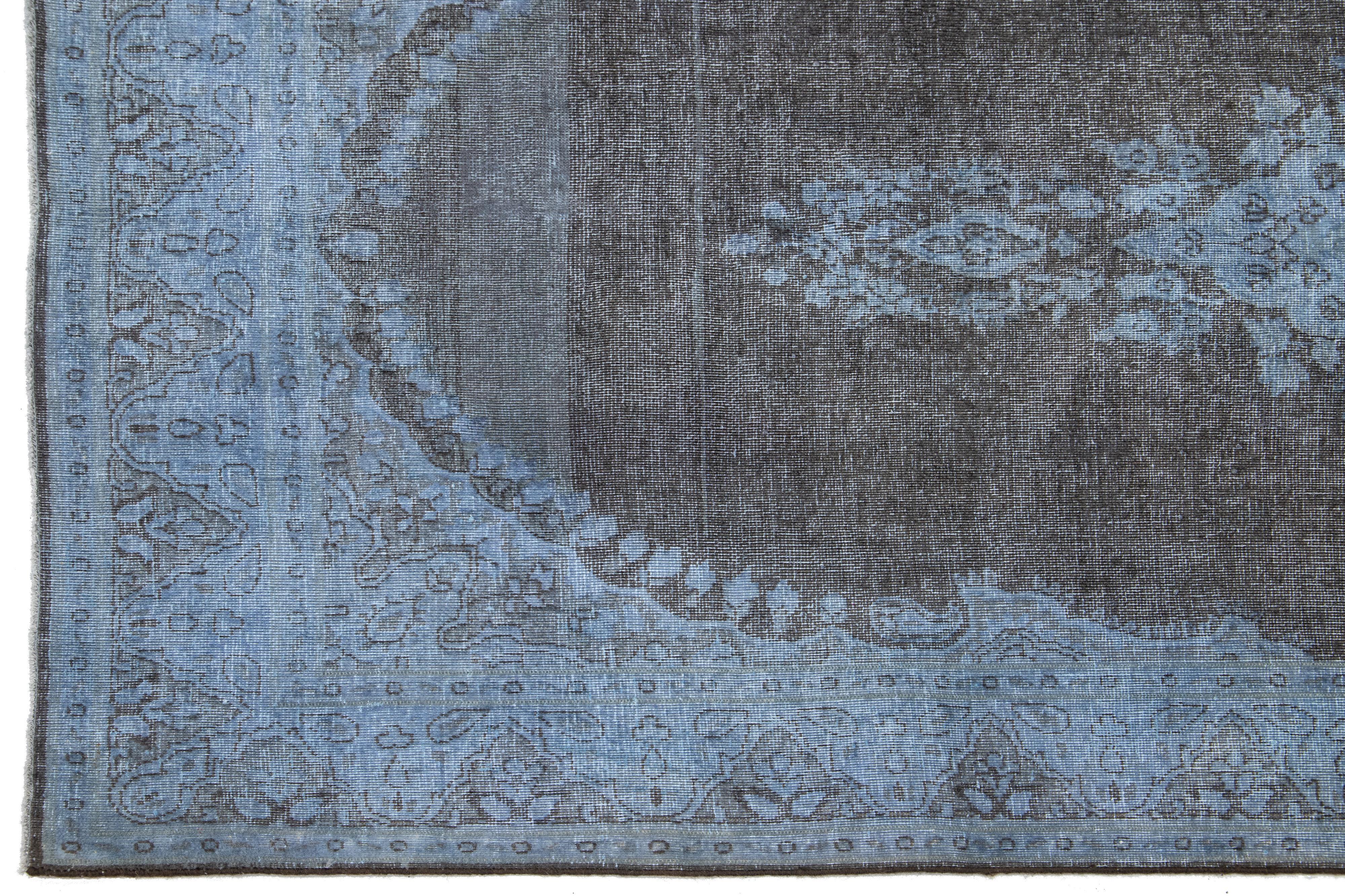 Handmade Blue and Gray Persian Overdyed Wool Rug With Rosette Motif 4 x 7 For Sale 1