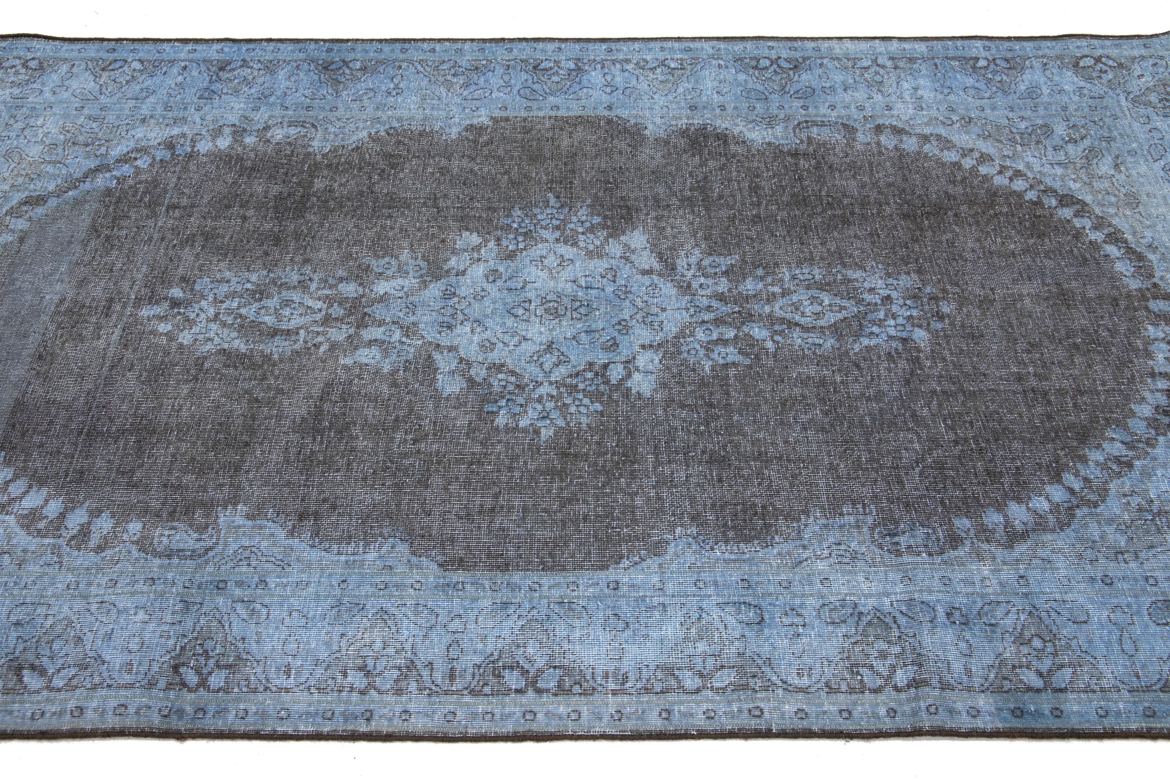 Handmade Blue and Gray Persian Overdyed Wool Rug With Rosette Motif 4 x 7 For Sale 2