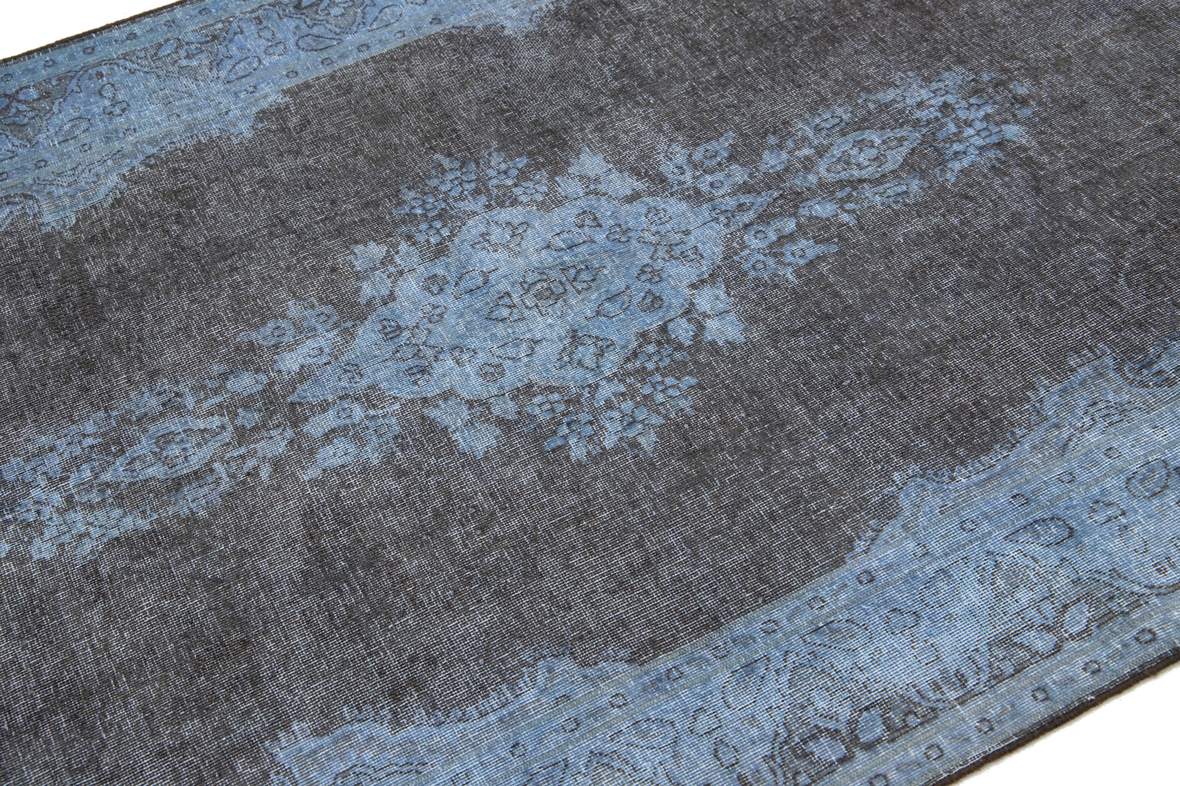 Handmade Blue and Gray Persian Overdyed Wool Rug With Rosette Motif 4 x 7 For Sale 3