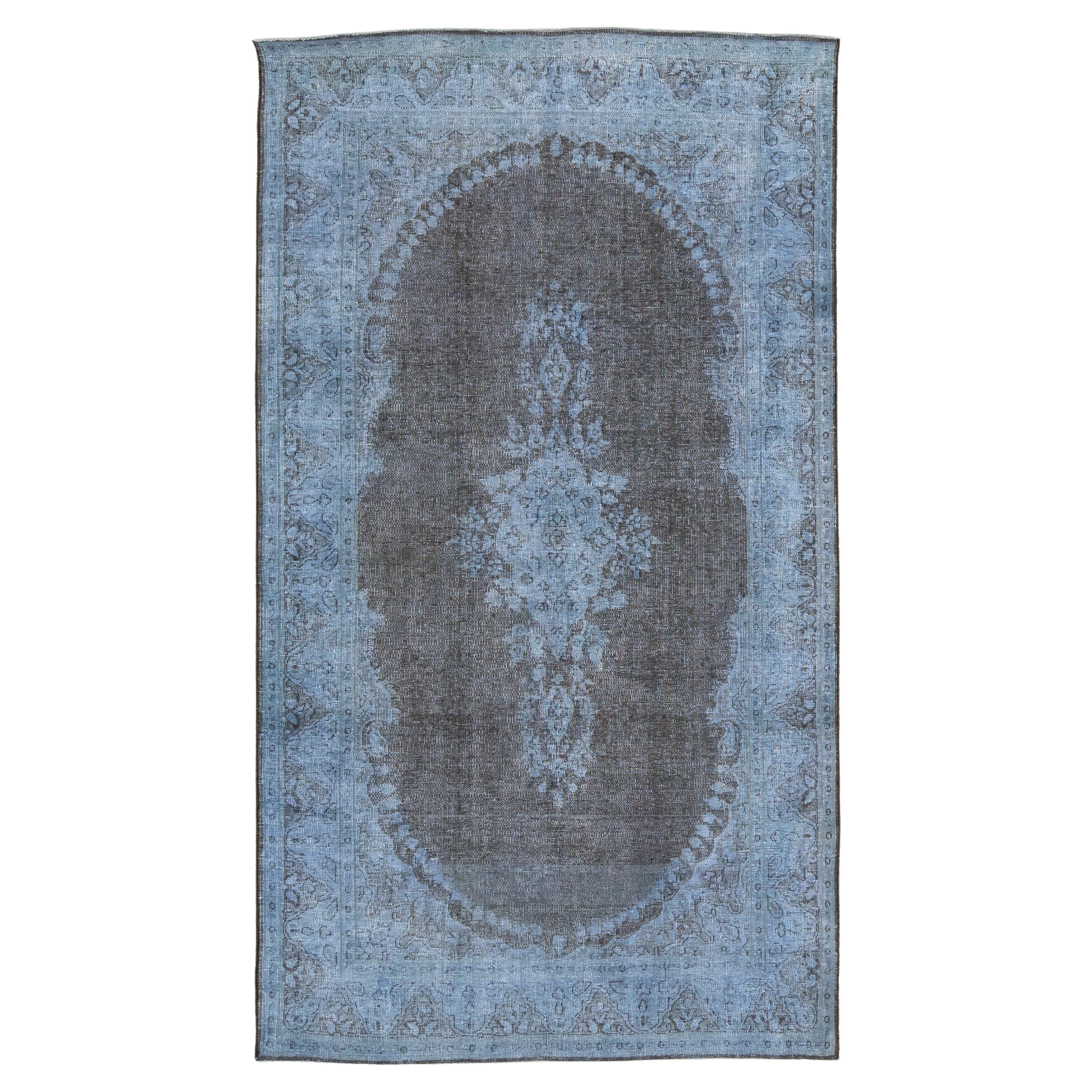 Handmade Blue and Gray Persian Overdyed Wool Rug With Rosette Motif 4 x 7 For Sale