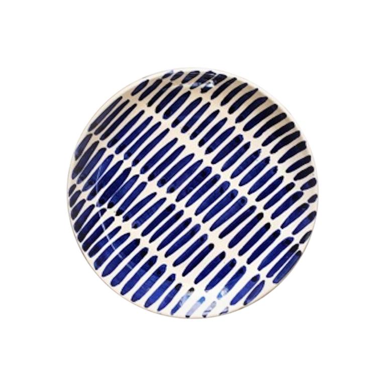 Handmade Blue and White Ceramic Dash Pattern Dinner Plates, in Stock at