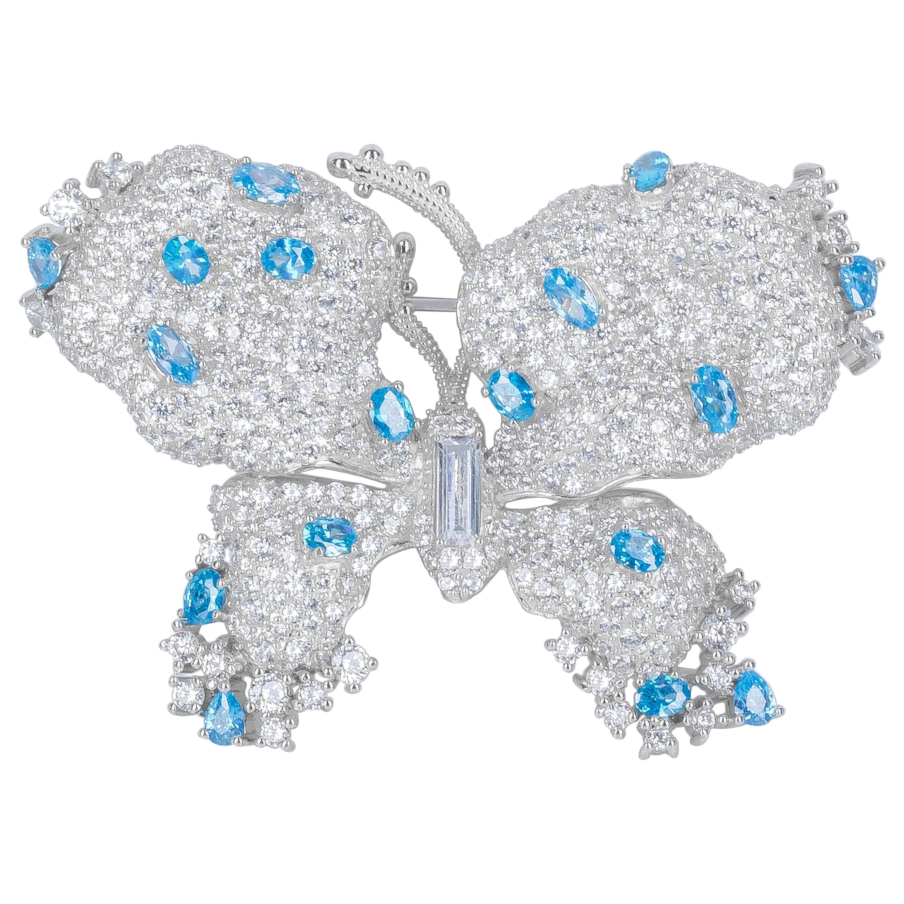 Handmade Blue and White Cubic Zirconia Brooch Pin For Sale