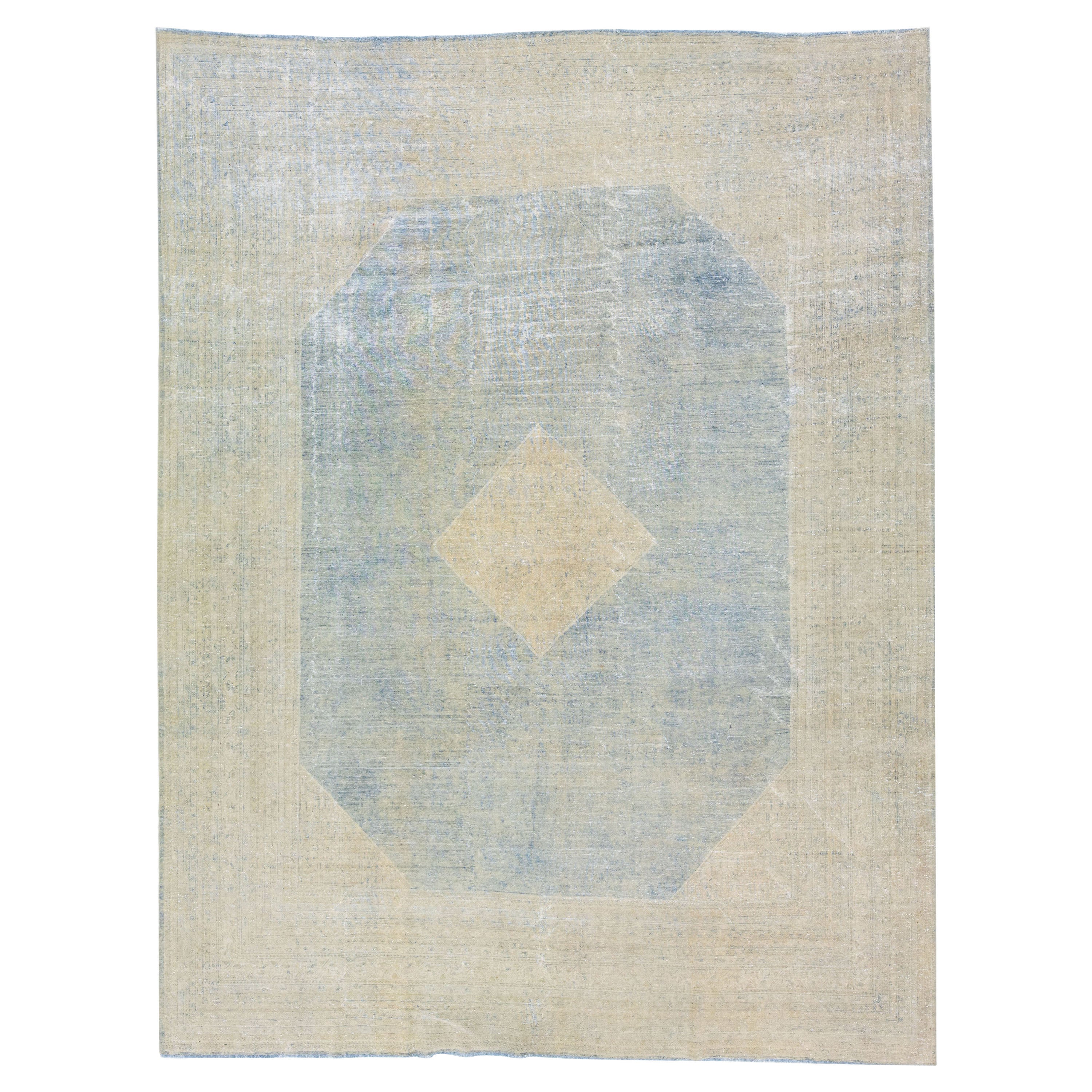 Handmade Blue Antique Persian Mahal Wool Rug with Medallion Motif For Sale