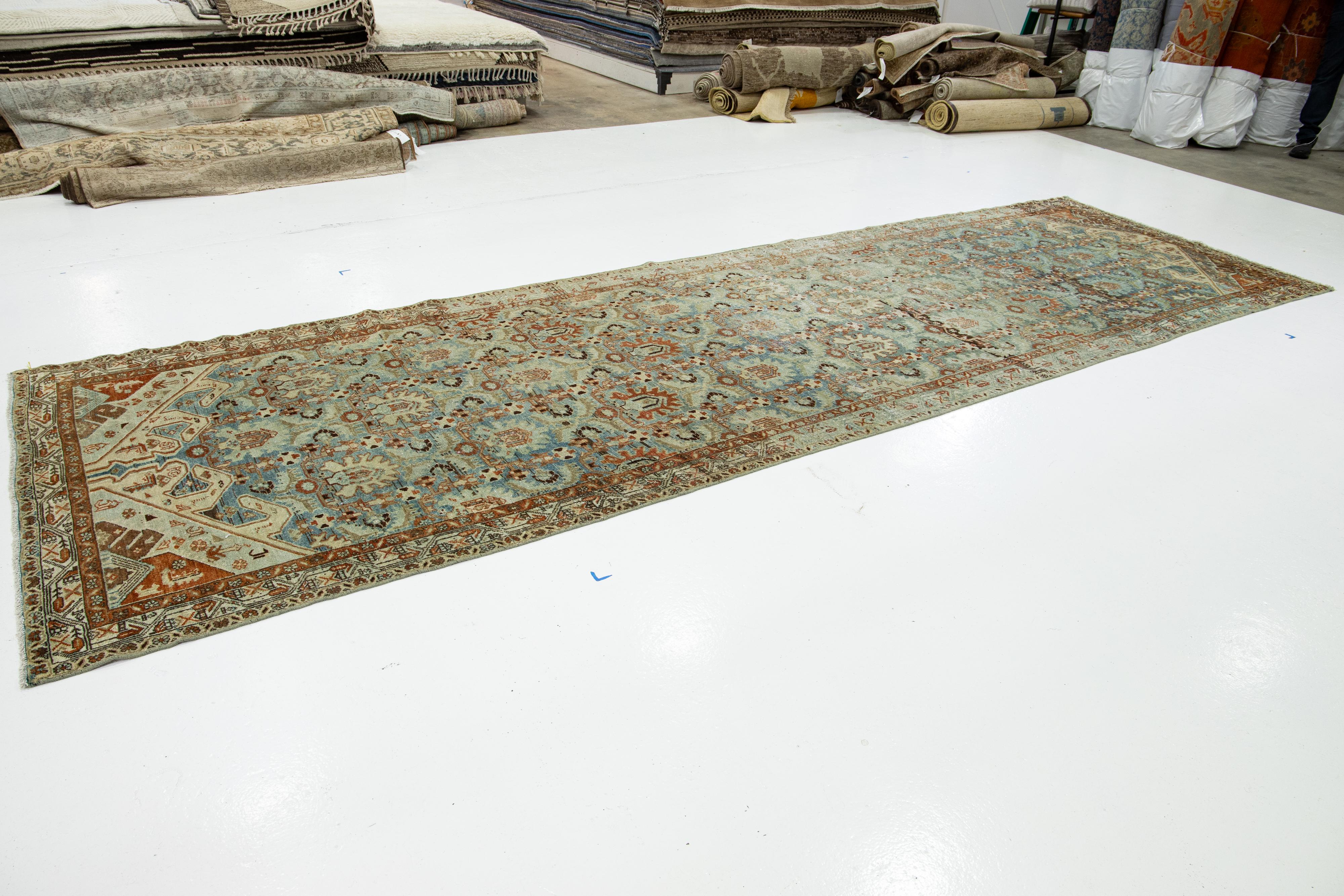 Handmade Blue Antique Wool Runner Persian Hamadan With Allover Pattern For Sale 4