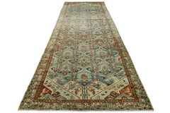 Handmade Blue Antique Wool Runner Persian Hamadan With Allover Pattern