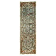 Handmade Blue Antique Wool Runner Persian Hamadan With Allover Pattern