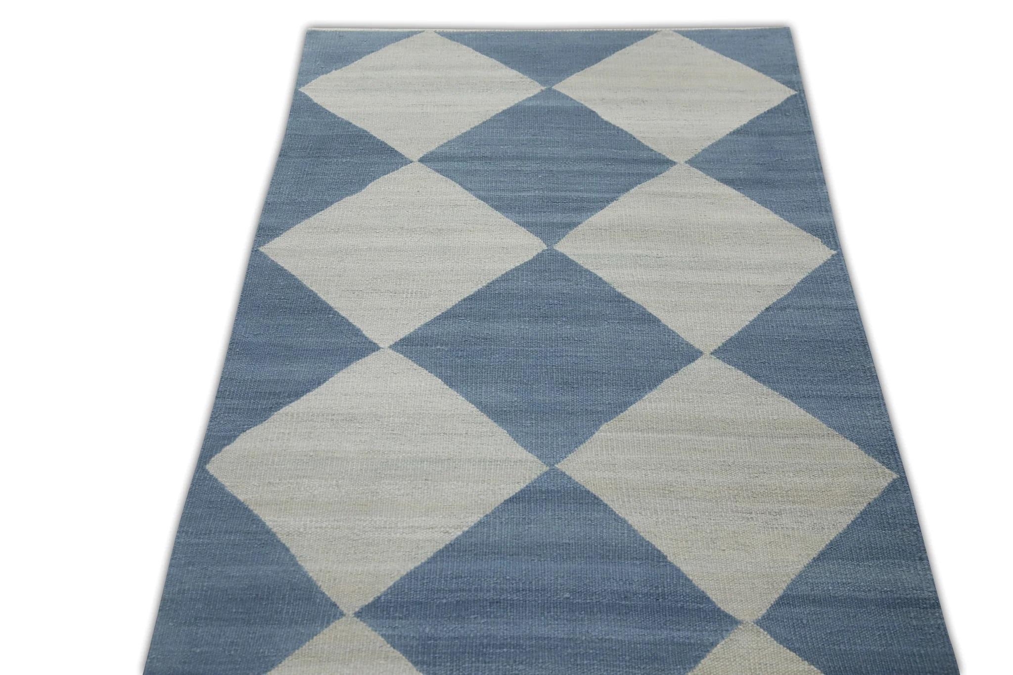 Tintura vegetale Tappeto fatto a mano in lana turca a trama piatta a scacchi blu 2'11