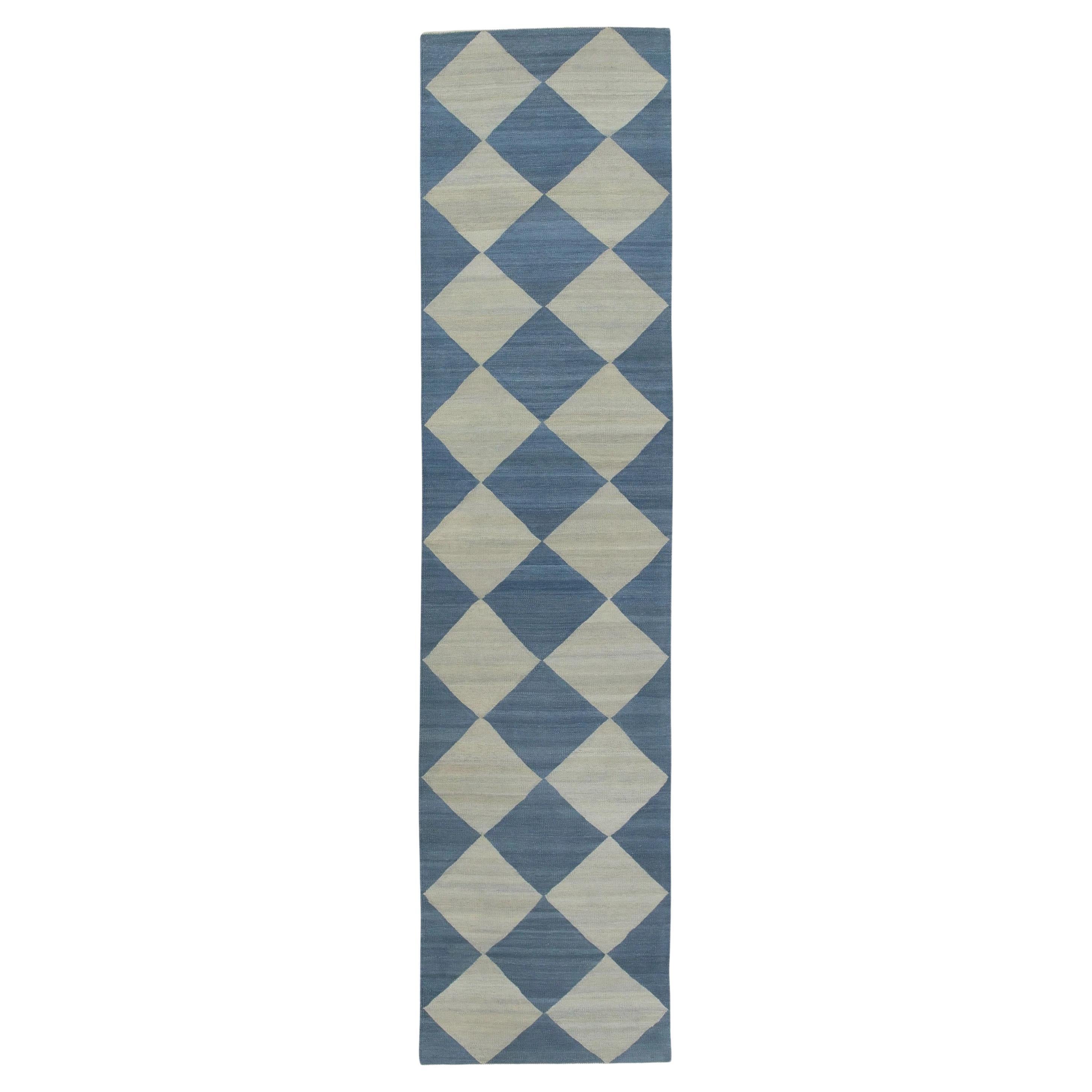 Handmade Blue Checkered Flatweave Turkish Wool Rug 2'11" X 12'5"