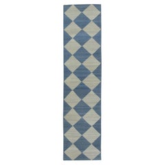 Tappeto fatto a mano in lana turca a trama piatta a scacchi blu 2'11" X 12'5"