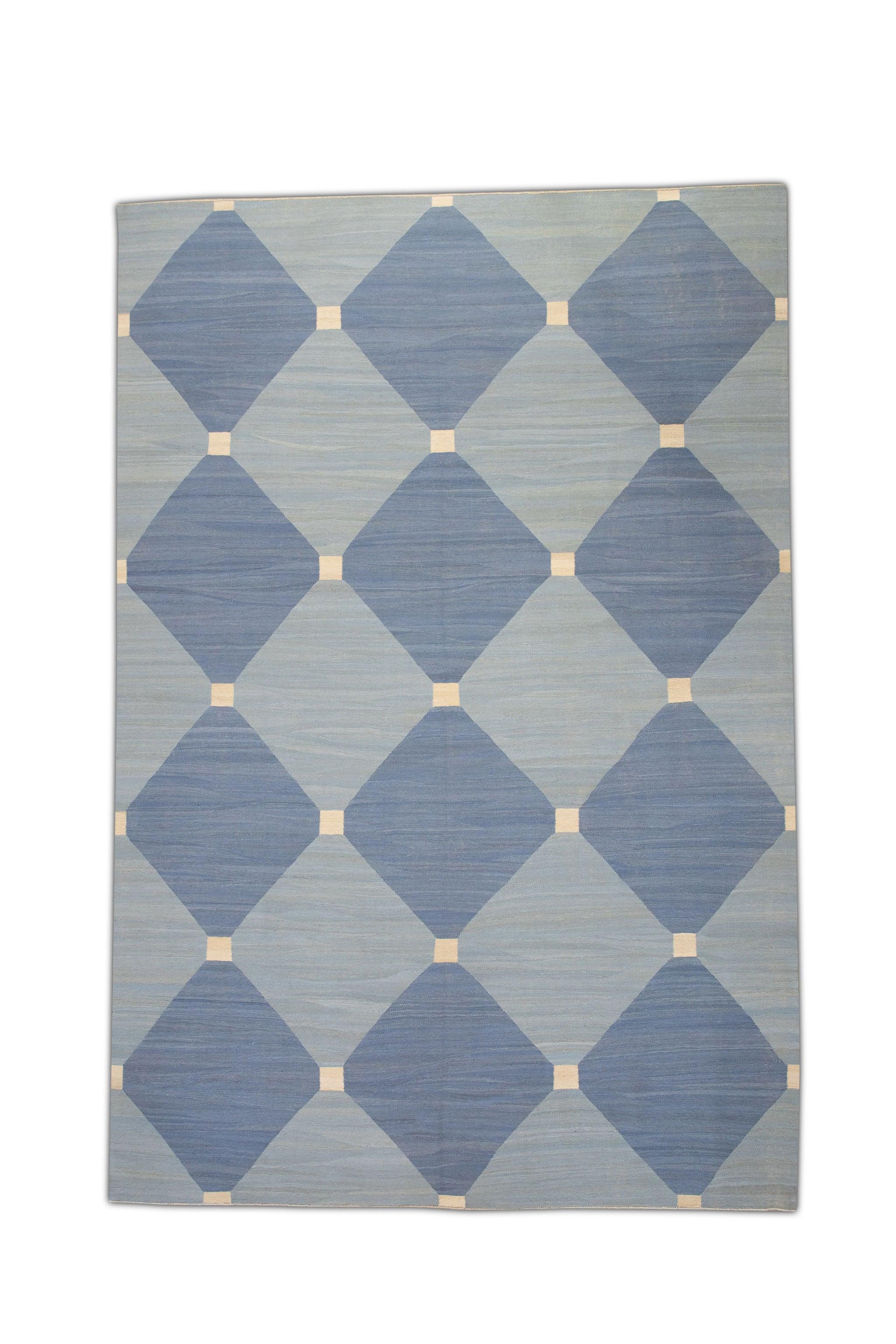 Tappeto di lana turca a tessitura piatta blu fatto a mano 10' x 14'6