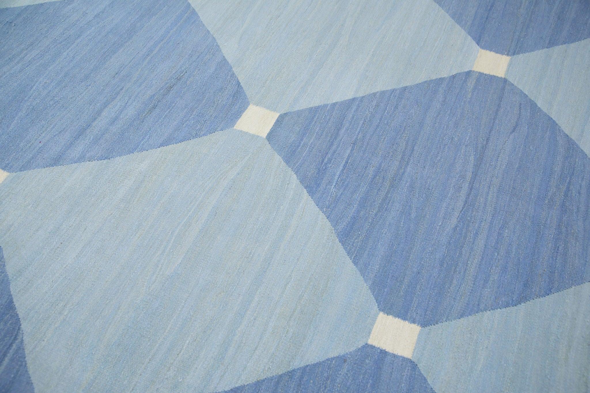 Moderno Tappeto di lana turca a tessitura piatta blu fatto a mano 10' x 14'6