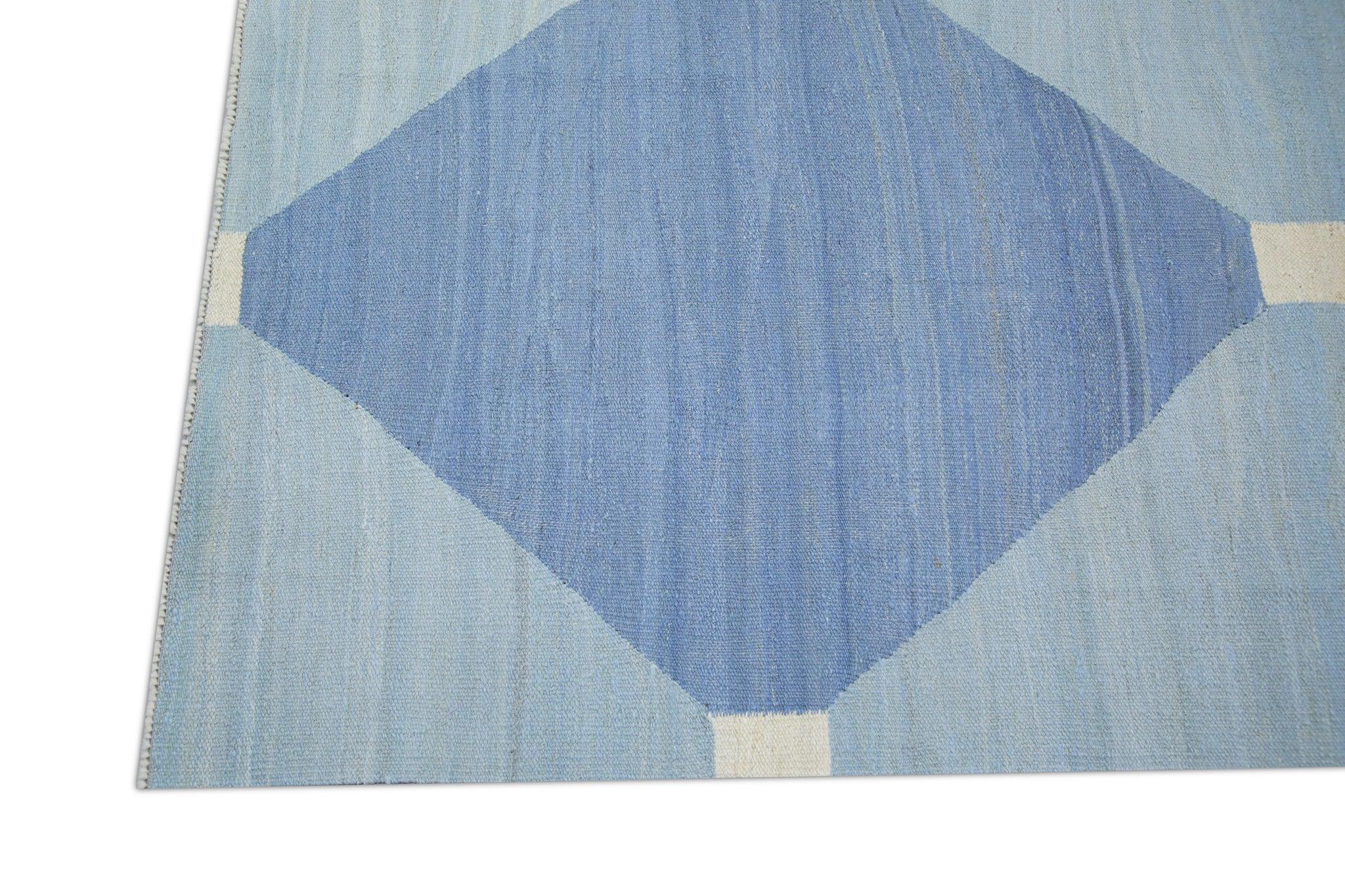 Tintura vegetale Tappeto di lana turca a tessitura piatta blu fatto a mano 10' x 14'6