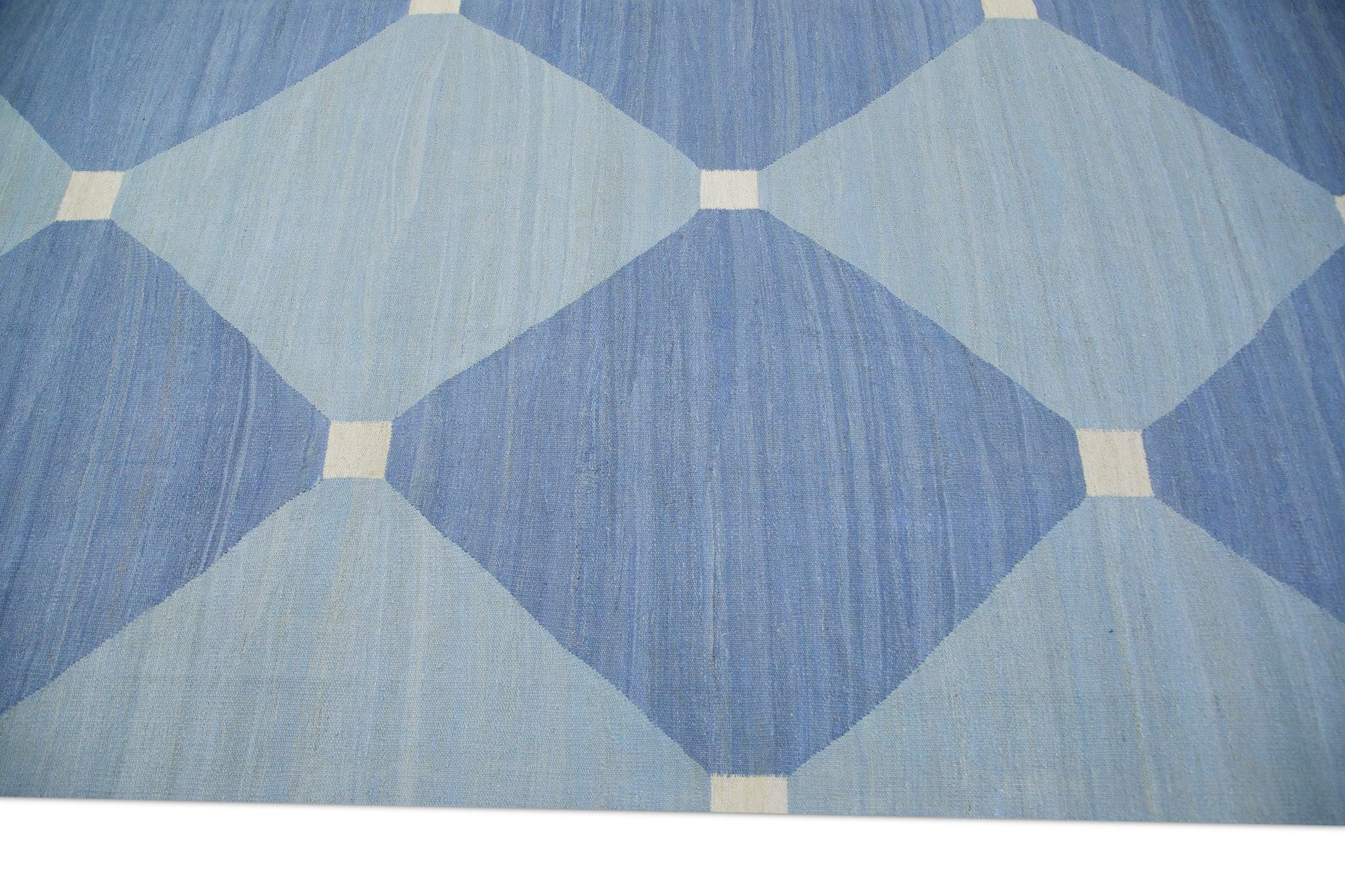 Tappeto di lana turca a tessitura piatta blu fatto a mano 10' x 14'6
