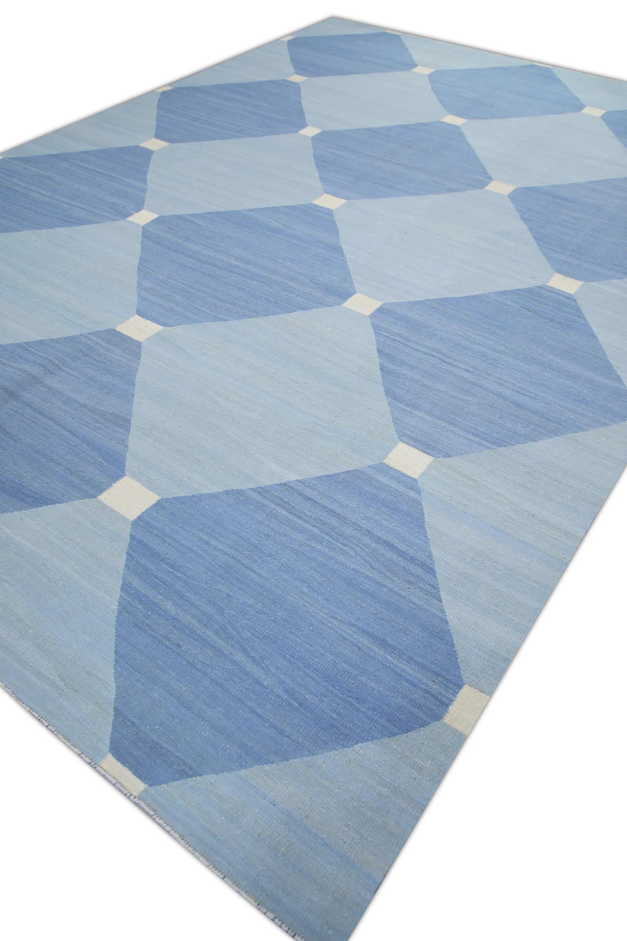 XXI secolo e contemporaneo Tappeto di lana turca a tessitura piatta blu fatto a mano 10' x 14'6
