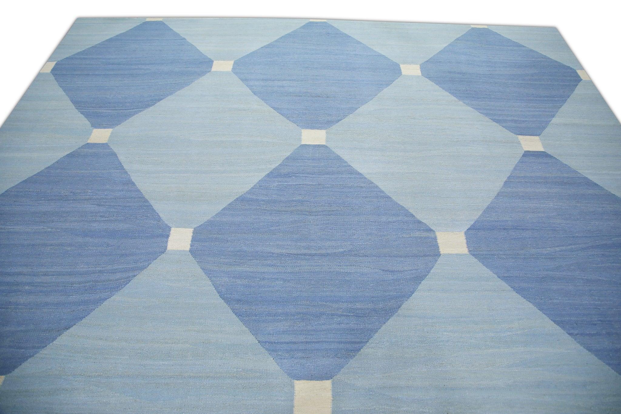 Lana Tappeto di lana turca a tessitura piatta blu fatto a mano 10' x 14'6
