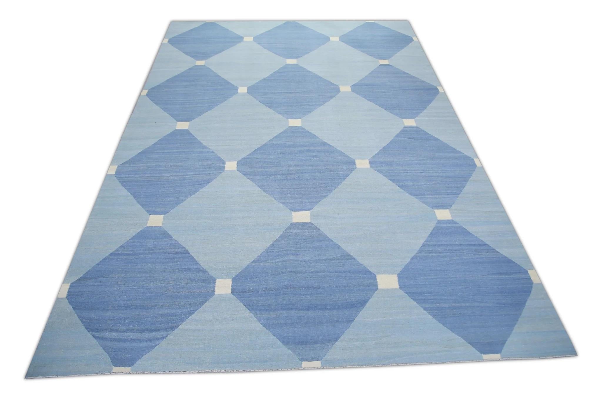 Tappeto di lana turca a tessitura piatta blu fatto a mano 10' x 14'6