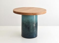 Handmade Blue Glazed Ceramic Side Table Oak Tabletop