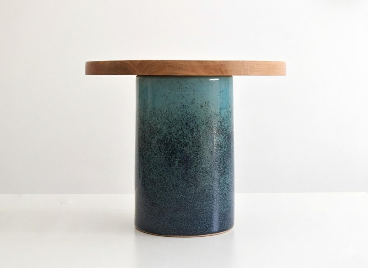 Portuguese Handmade Blue Glazed Ceramic Side Table Oak Tabletop For Sale