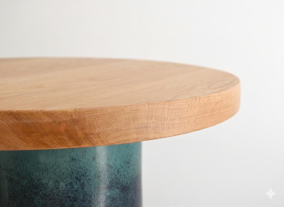 Handmade Blue Glazed Ceramic Side Table Oak Tabletop In New Condition For Sale In Braga, PT