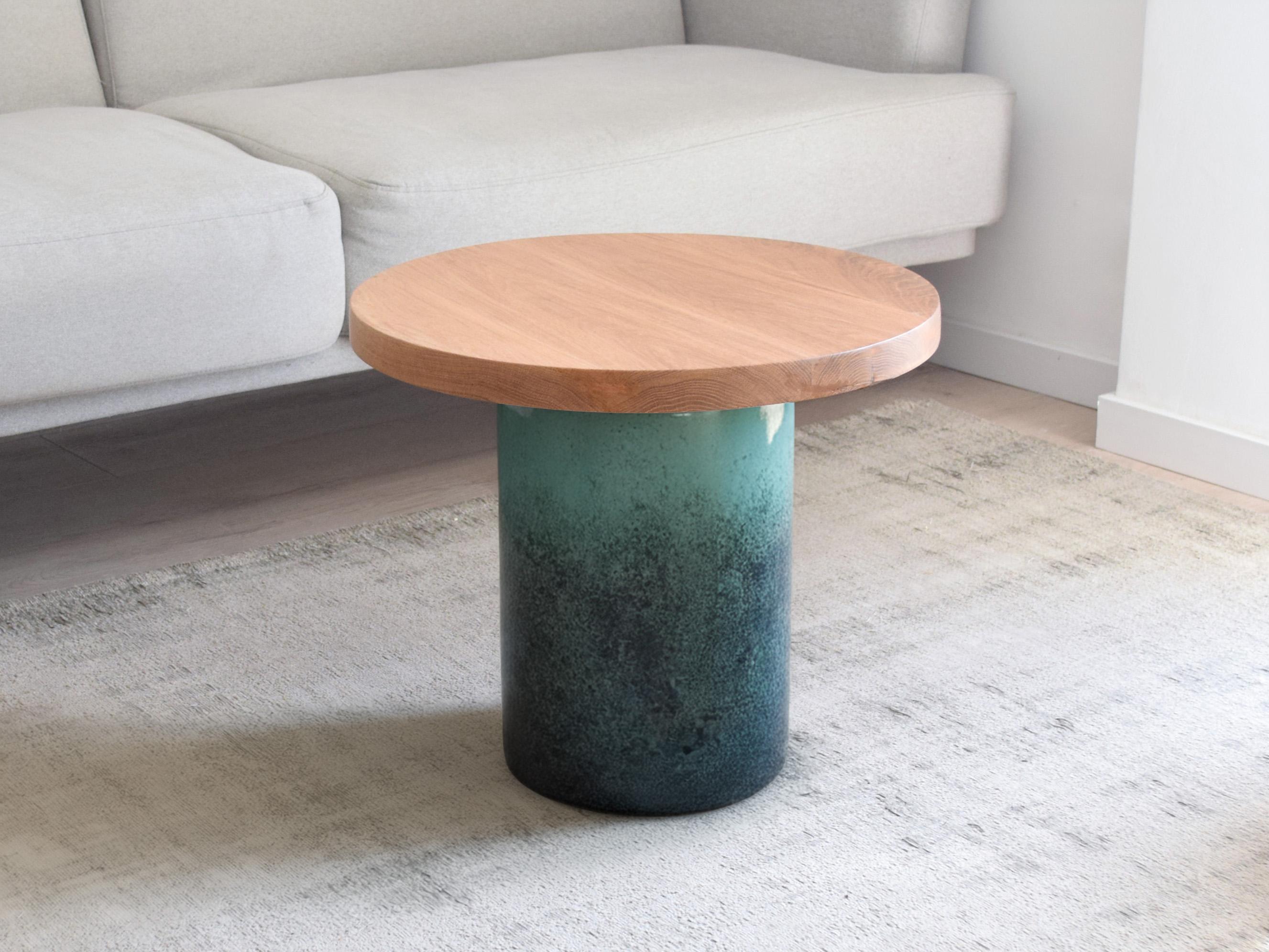 Contemporary Handmade Blue Glazed Ceramic Side Table Oak Tabletop For Sale