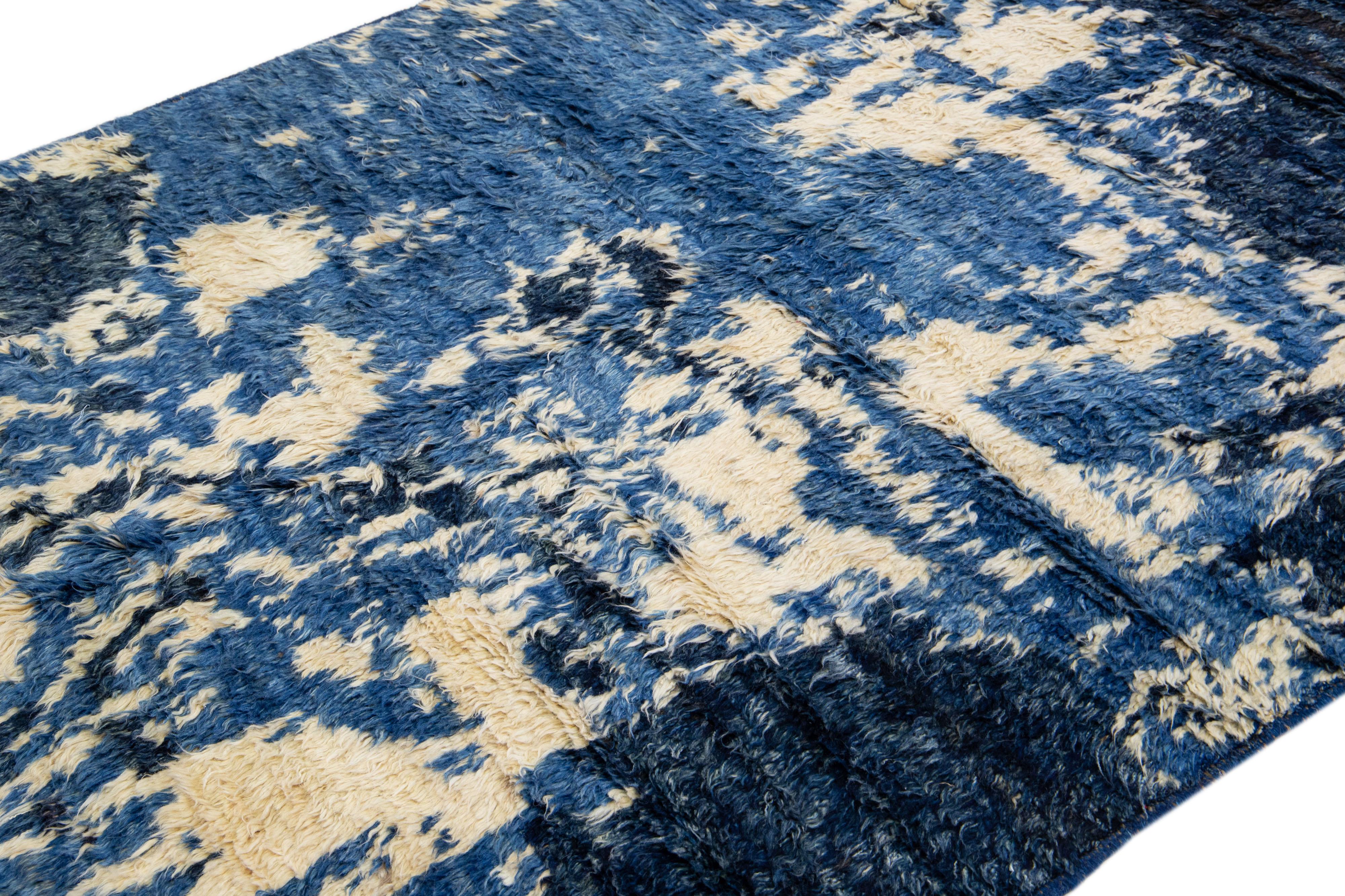 Organic Modern Handmade Blue Moroccan Style Wool Rug with Abstract Design For Sale