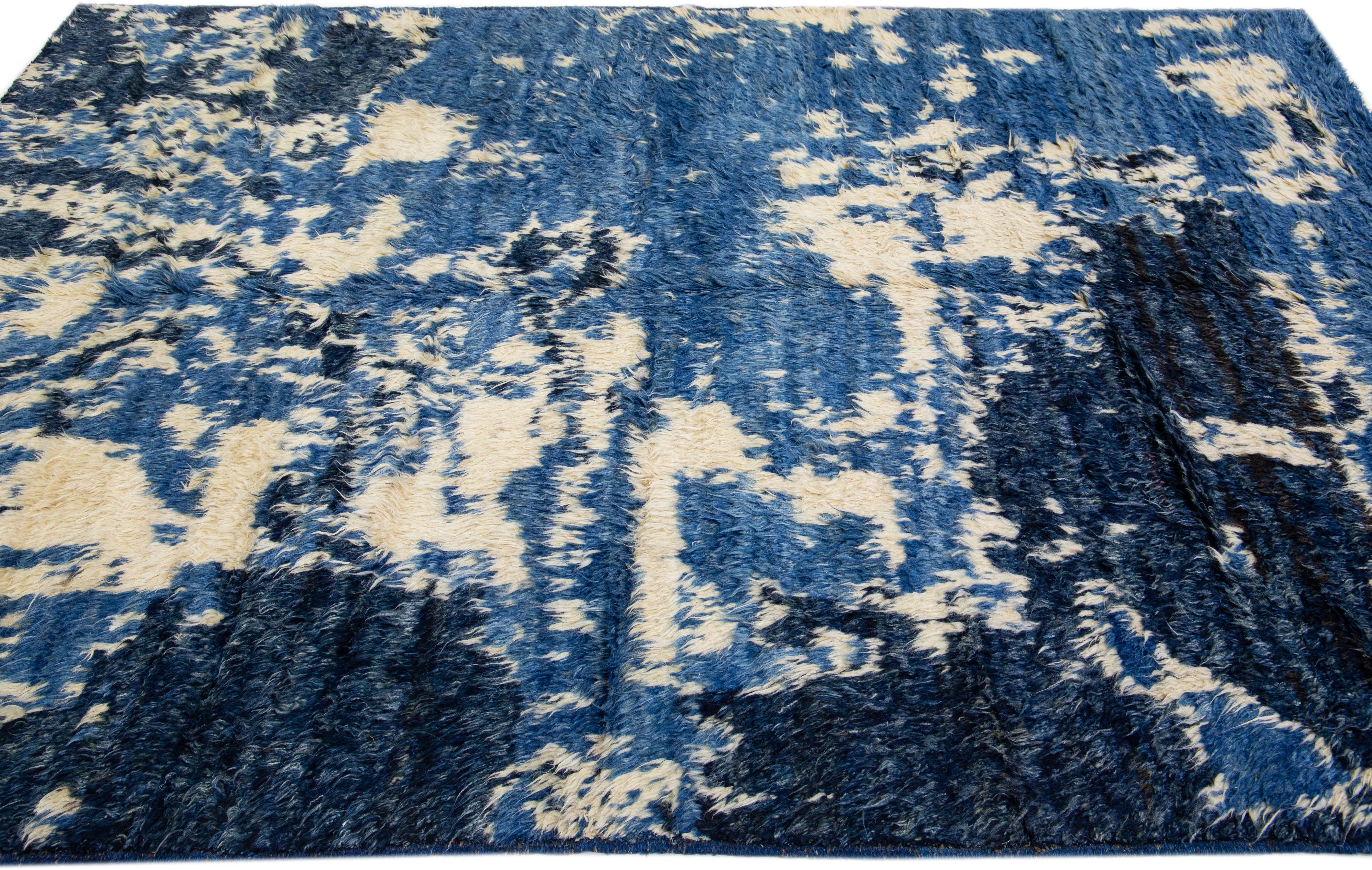 Afghan Handmade Blue Moroccan Style Wool Rug with Abstract Design For Sale