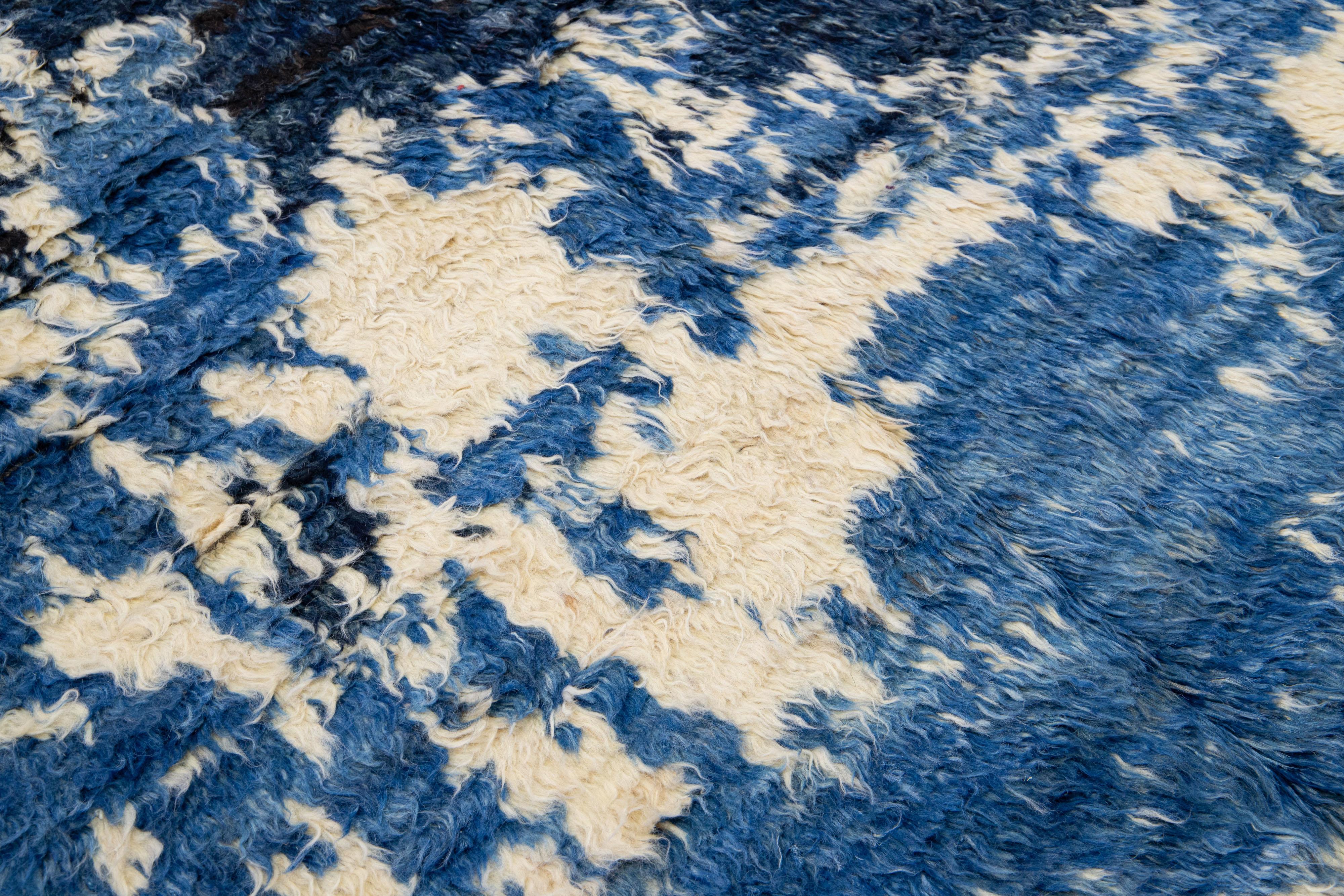 Handmade Blue Moroccan Style Wool Rug with Abstract Design In New Condition For Sale In Norwalk, CT