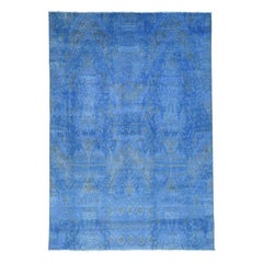 Handmade Blue Overcast Overdyed Ikat Pure Wool Oriental Rug