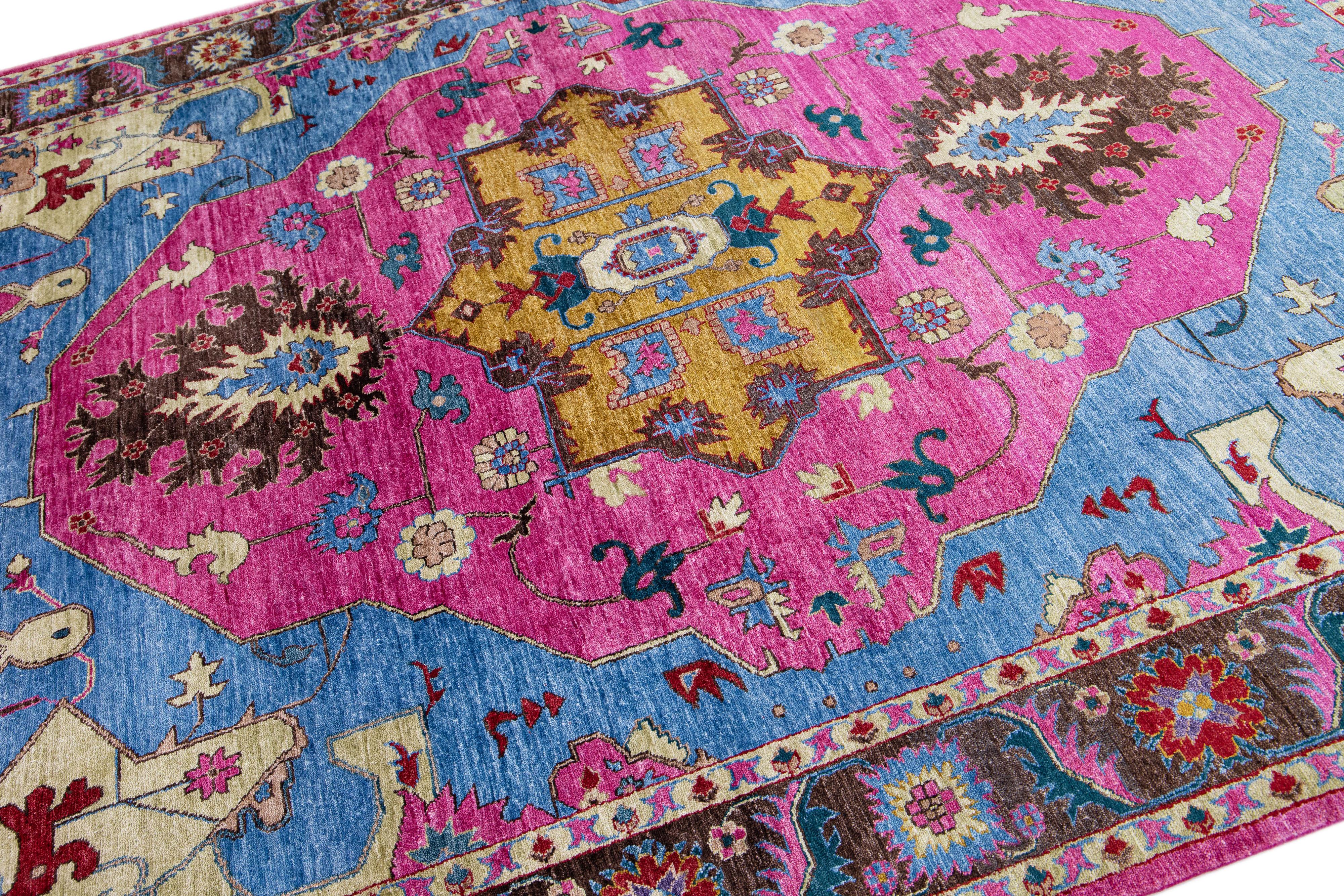 Islamic Handmade Blue & Pink Modern Silk Rug with Medallion Design For Sale