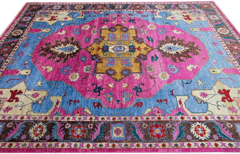 Handmade Blue and Pink Modern Silk Rug with Medallion Design For Sale ...