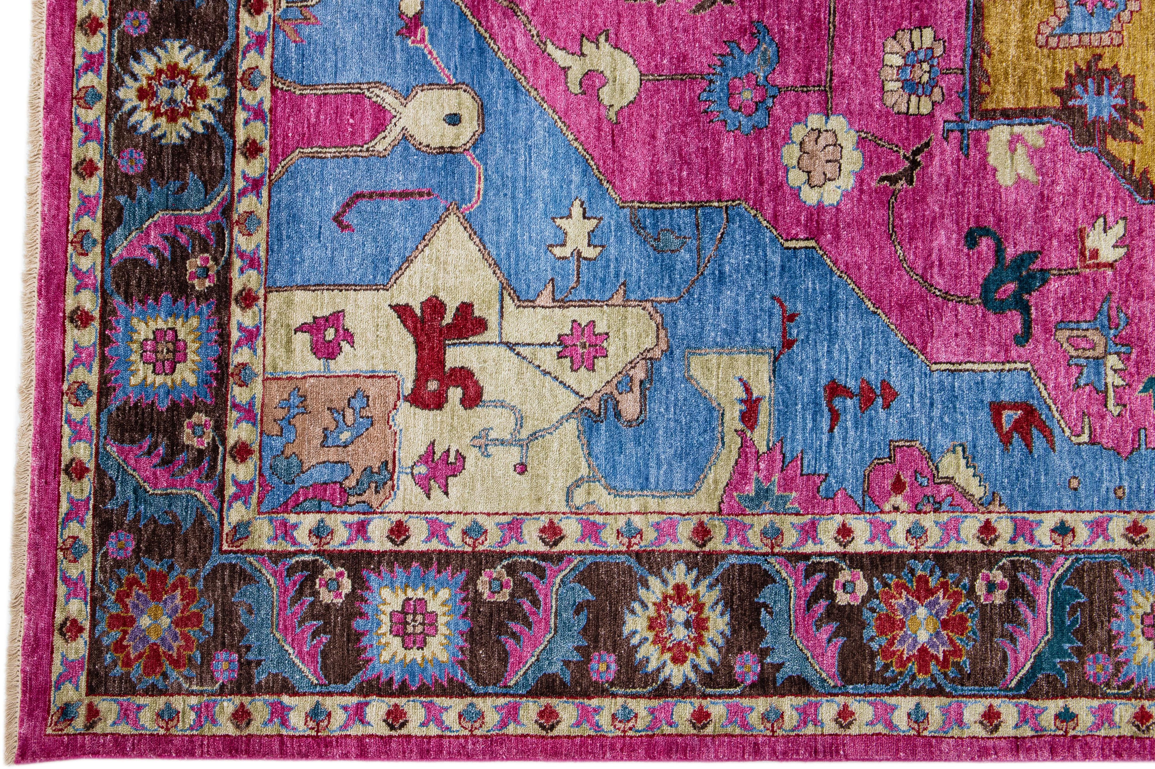 Hand-Knotted Handmade Blue & Pink Modern Silk Rug with Medallion Design For Sale