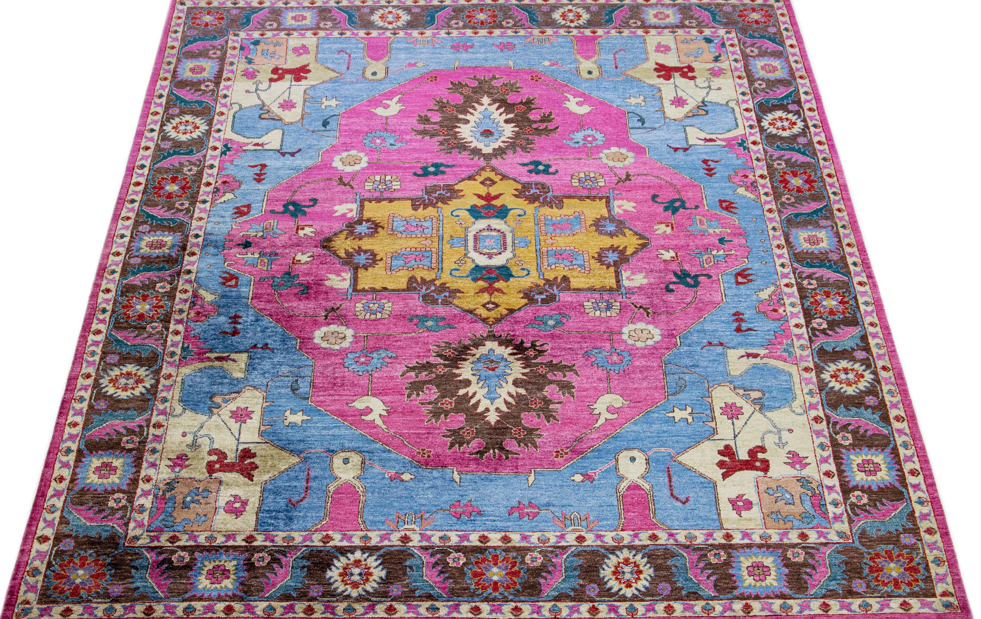 Handmade Blue & Pink Modern Silk Rug with Medallion Design In New Condition For Sale In Norwalk, CT