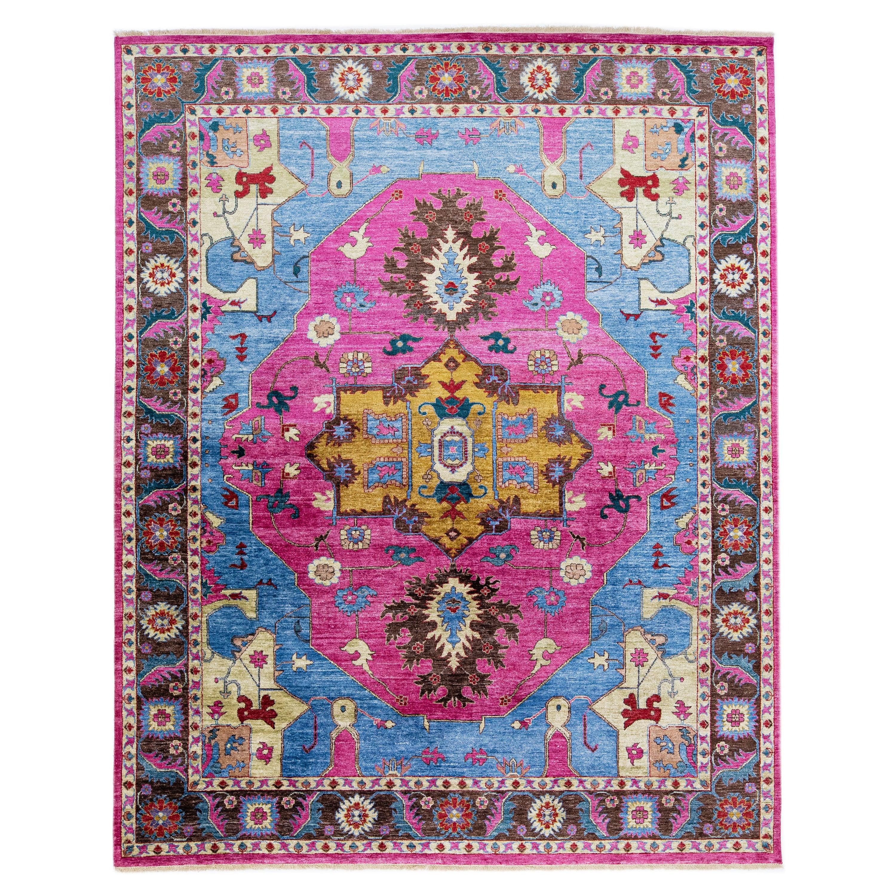 Tapis moderne en soie bleu et rose fait à la main avec motif de médaillon en vente