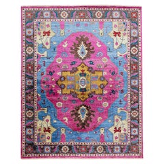 Tapis moderne en soie bleu et rose fait à la main avec motif de médaillon