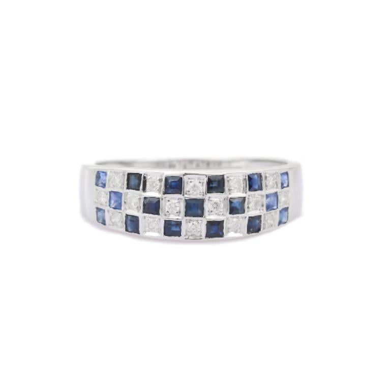 Handmade Blue Sapphire Diamond Checker Band Ring in Sterling Silver 2