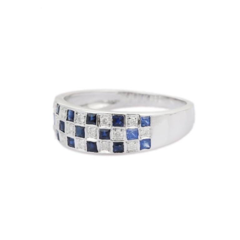 Handmade Blue Sapphire Diamond Checker Band Ring in Sterling Silver 3