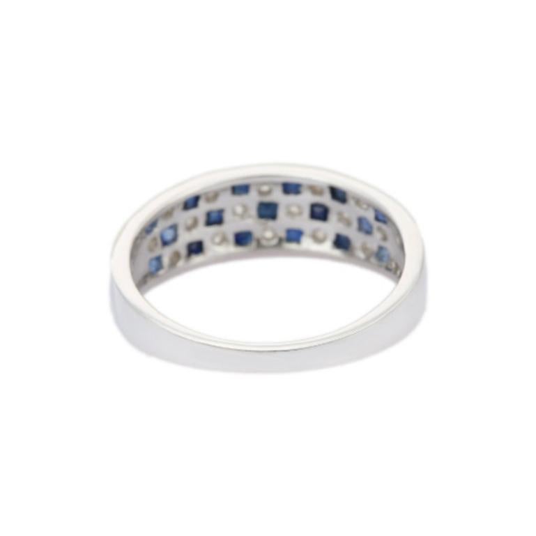 Handmade Blue Sapphire Diamond Checker Band Ring in Sterling Silver 4