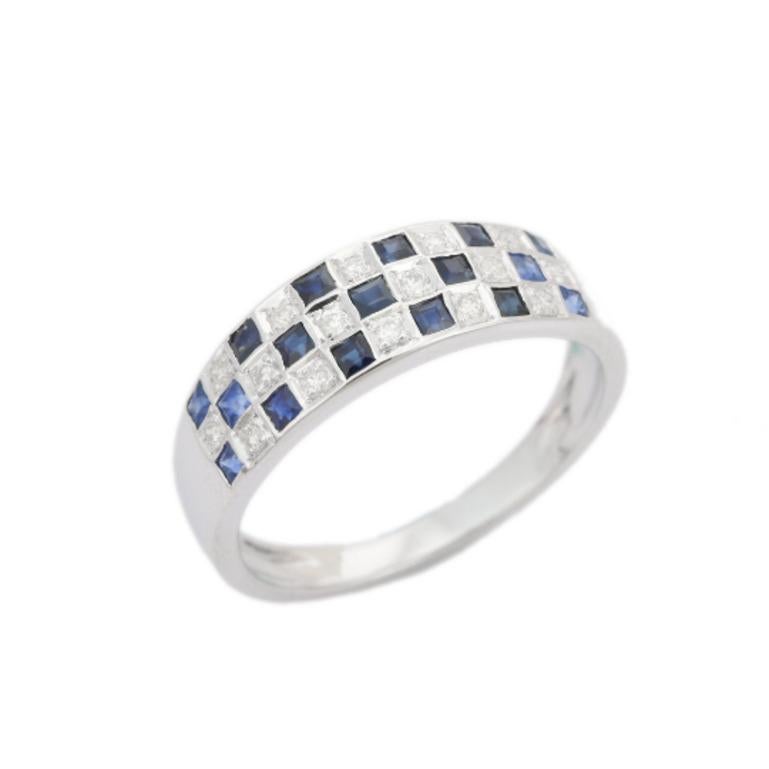 Handmade Blue Sapphire Diamond Checker Band Ring in Sterling Silver 5