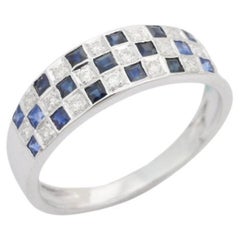 Handmade Blue Sapphire Diamond Checker Band Ring in Sterling Silver