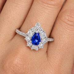 Handmade Blue Sapphire Diamond Halo Engagement Ring 18 Karat White Gold