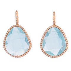 Handmade Blue Topaz Slice Diamond Pave Rose Gold Drop Earrings
