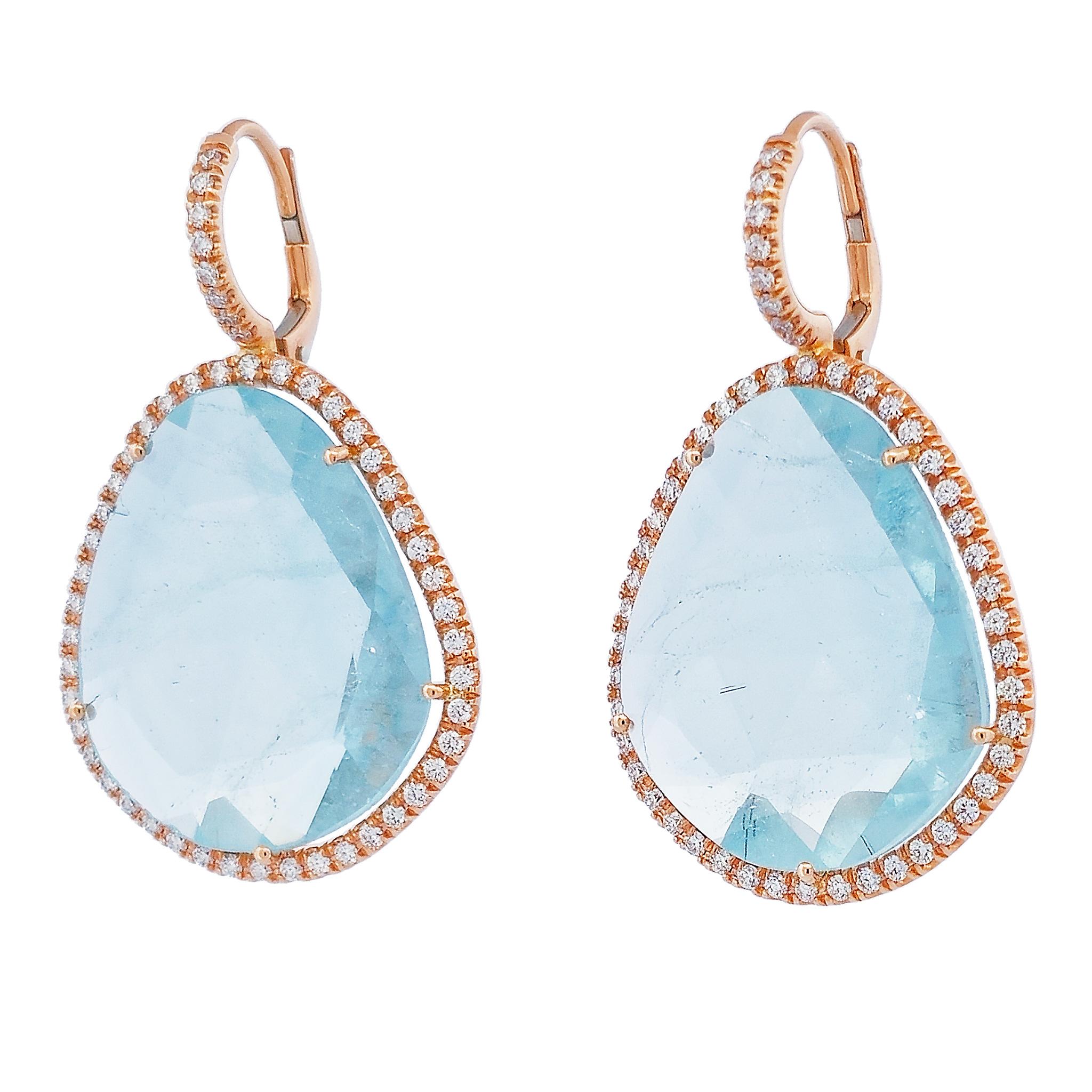 Handmade Blue Topaz Slice Diamond Pave Rose Gold Drop Earrings In New Condition For Sale In Miami, FL